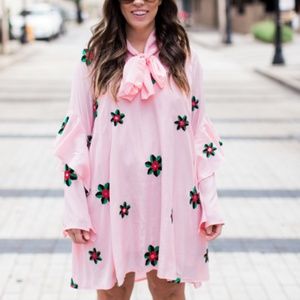 Pink Dress With Tie Neck & Embroidery